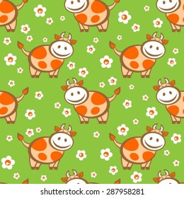 Cartoon cow seamless pattern on a green background.