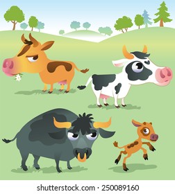 Cartoon cow set: cows, bull and calf bull. 