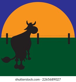 A cartoon cow in silhouette is staring at the setting sun