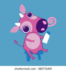 Cartoon Cow Sit Holding Bottle With Milk Flat Vector Illustration