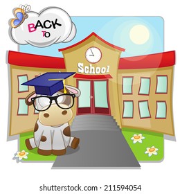 Cartoon Cow is sitting in the background of the school