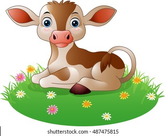 Cartoon Cow Sitting On Grass