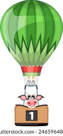 Cartoon cow smiling in a numbered hot air balloon