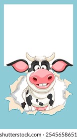 Vaca de desenho animado sorrindo através de uma moldura de papel rasgada