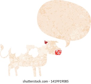 vaca de dibujos animados con burbuja de habla en un estilo retro angustiado con texturas estrafalarias