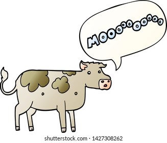 vaca de dibujos animados con burbuja de habla en un estilo de gradiente suave