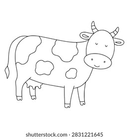 Cartoon cow standing, featuring a simple black outline, perfect for kids coloring activities and educational content