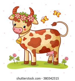 Cartoon cow that stands on a lawn with flowers and butterflies. Vector illustration.