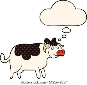 cartoon cow with thought bubble in comic book style