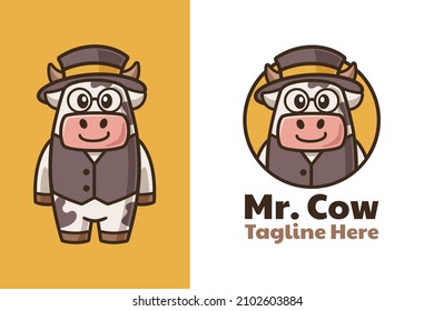 Cartoon Cow Wear Suit Vest Logo Design