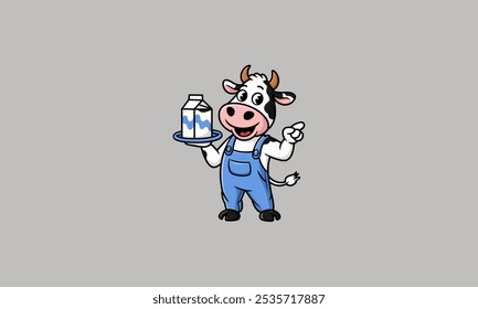 Cartoon cow wearing overalls holding a milk carton on a tray.