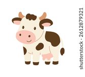 A cartoon cow with a white face and brown spots. It is smiling and looking at the camera