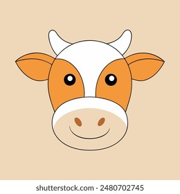 A cartoon cow with a white face and brown spots. The cow has a big smile and is looking at the camera