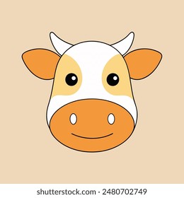 A cartoon cow with a white face and brown spots. The cow has a big smile and is looking at the camera