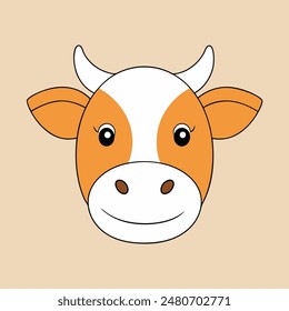 A cartoon cow with a white face and brown spots. The cow has a big smile and is looking at the camera