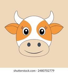 A cartoon cow with a white face and brown spots. The cow has a big smile and is looking at the camera