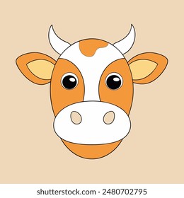 A cartoon cow with a white face and brown spots. The cow has a big smile and is looking at the camera