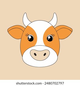 A cartoon cow with a white face and brown spots. The cow has a big smile and is looking at the camera