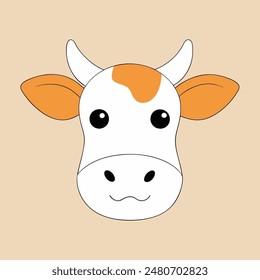 A cartoon cow with a white face and brown spots. The cow has a big smile and is looking at the camera