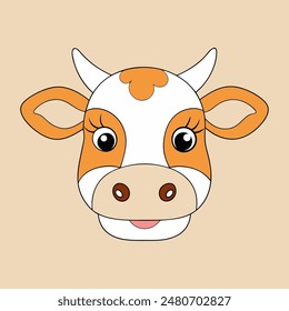 A cartoon cow with a white face and brown spots. The cow has a big smile and is looking at the camera