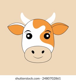 A cartoon cow with a white face and brown spots. The cow has a big smile and is looking at the camera