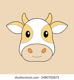 A cartoon cow with a white face and brown spots. The cow has a big smile and is looking at the camera