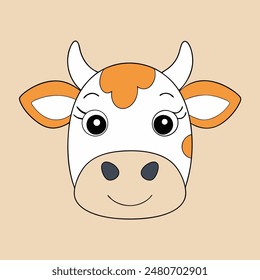 A cartoon cow with a white face and brown spots. The cow has a big smile and is looking at the camera