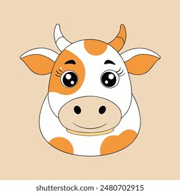 A cartoon cow with a white face and brown spots. The cow has a big smile and is looking at the camera