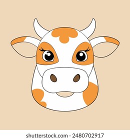 A cartoon cow with a white face and brown spots. The cow has a big smile and is looking at the camera