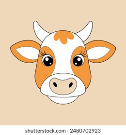 A cartoon cow with a white face and brown spots. The cow has a big smile and is looking at the camera