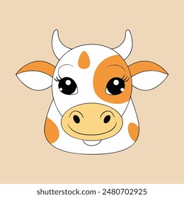 A cartoon cow with a white face and brown spots. The cow has a big smile and is looking at the camera