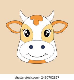 A cartoon cow with a white face and brown spots. The cow has a big smile and is looking at the camera