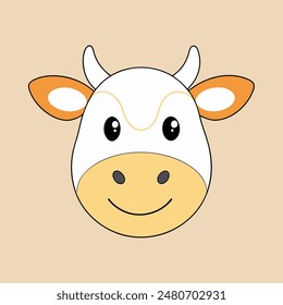 A cartoon cow with a white face and brown spots. The cow has a big smile and is looking at the camera