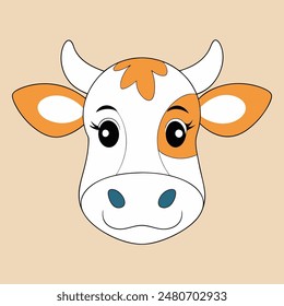 A cartoon cow with a white face and brown spots. The cow has a big smile and is looking at the camera