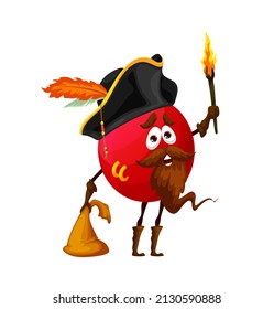 Cartoon cowberry corsair captain with torch and treasure. Vector pirate red berry happy smiling character, buccaneer in cocked hat with feather. Isolated freebooter or picaroon foxberry personage