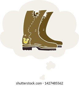 cartoon cowboy boots with thought bubble in retro style