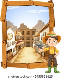 Cartoon cowboy boy in a western town setting.