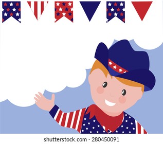 Cartoon cowboy celebrating 4th of July. Background with decorative flags and copy space.