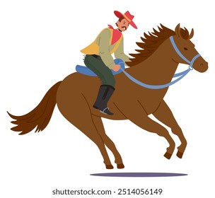 Cartoon Cowboy Character Riding A Horse, Showcasing A Western Theme With Traditional Attire And Accessories. Illustration Perfect For Depicting Adventure, Wild West Culture, And Equestrian Activities