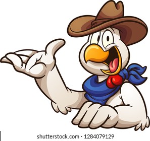 Cartoon cowboy chicken with hand up.  Vector clip art illustration with simple gradients. All in a single layer. 
