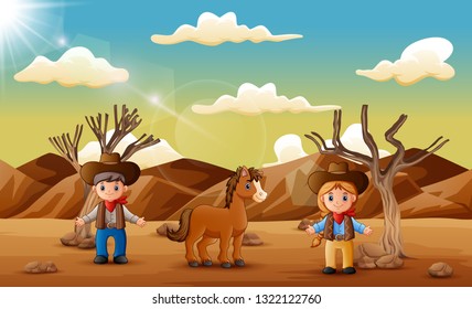 Cartoon cowboy and cowgirl with a horse in the desert