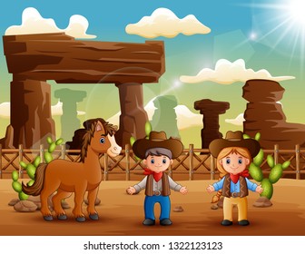 Cartoon cowboy and cowgirl with a horse in the desert