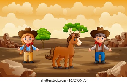 Cartoon cowboy and cowgirl with a horse in the desert
