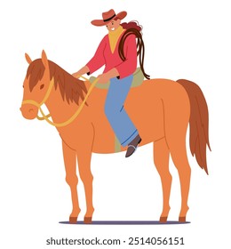 Cartoon Cowboy Female Character Riding A Horse. Colorful Image Depicts Cowgirl Woman In Traditional Attire And Hat, With A Lasso On Her Shoulder. Vector Illustration Ideal For Western-themed Concepts