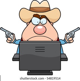 A cartoon cowboy in front of a computer.