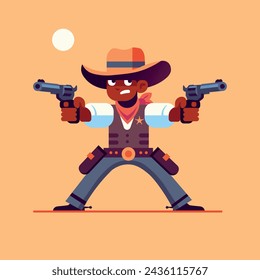 cartoon cowboy with guns, flat vector design