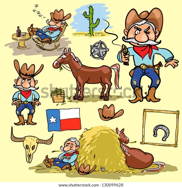 Cartoon Cowboy Hand Drawn Set Comic Stock Vector (Royalty Free ...