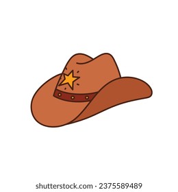 Cartoon Cowboy hat. Western headdress decorated with star, ribbon. Head accessory in country style. Wild West clipart. Vector illustration isolated on white background