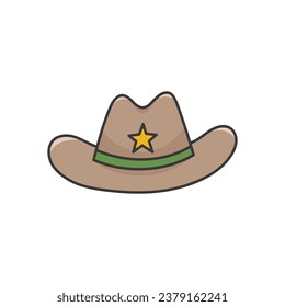 Cartoon Cowboy hat. Western headdress decorated with star, ribbon. Head accessory sheriff hat in country style. Wild West clipart. Vector illustration isolated on white background