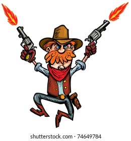 Cartoon cowboy jumping up and down with six guns. Isolated on white